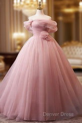 A-Line Off Shoulder Tulle Pink Long Prom Dresses, Pink Long Formal Dresses